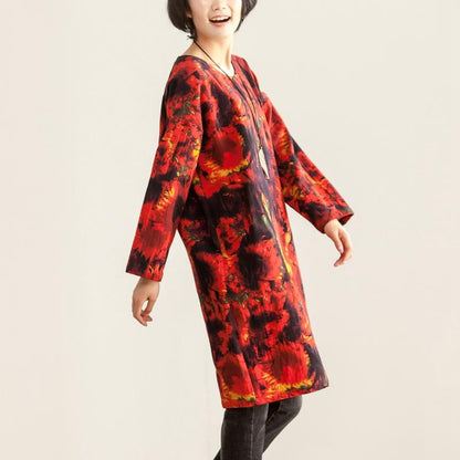 Women Loose Round Neck Long Sleeve Red Printing Dress