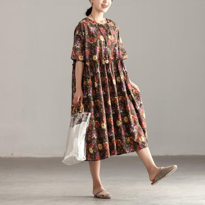Casual Short Sleeve Floral Pockets Pleated Lacing Dress