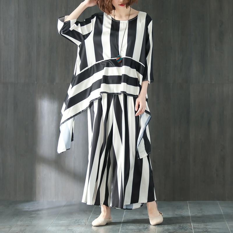 Loose Summer Suit Three Quarter Sleeve Shirt Stripe Pants