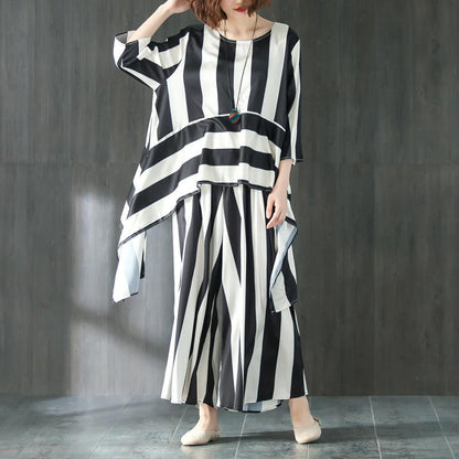 Loose Summer Suit Three Quarter Sleeve Shirt Stripe Pants