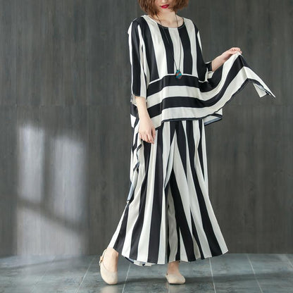 Loose Summer Suit Three Quarter Sleeve Shirt Stripe Pants