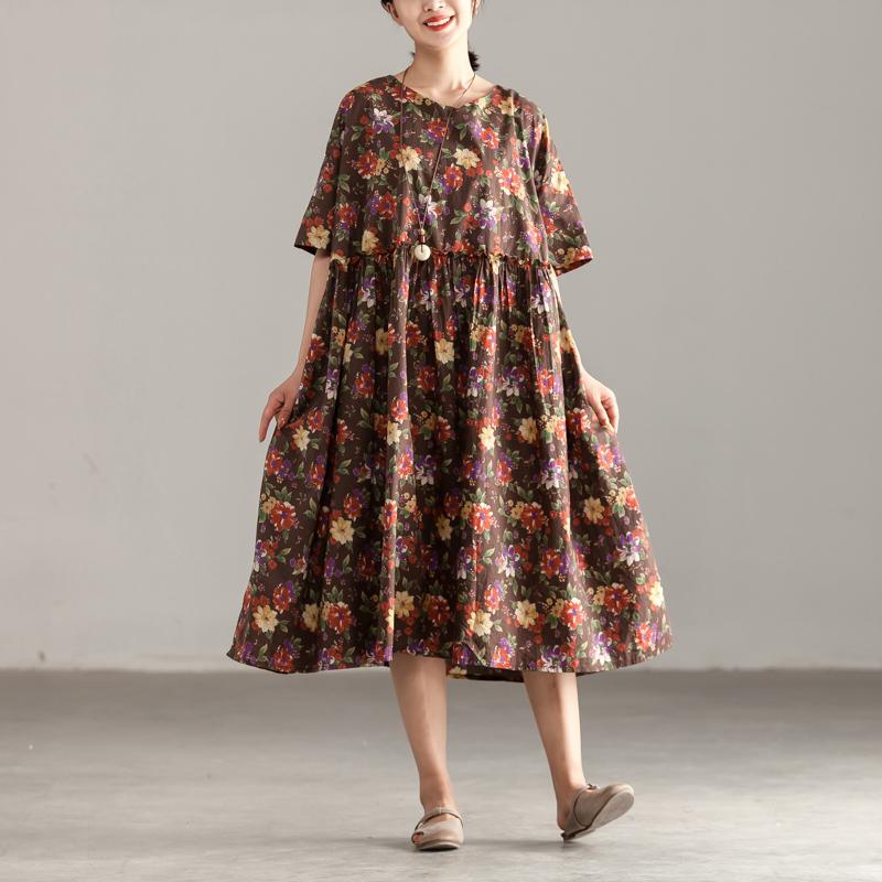 Casual Short Sleeve Floral Pockets Pleated Lacing Dress