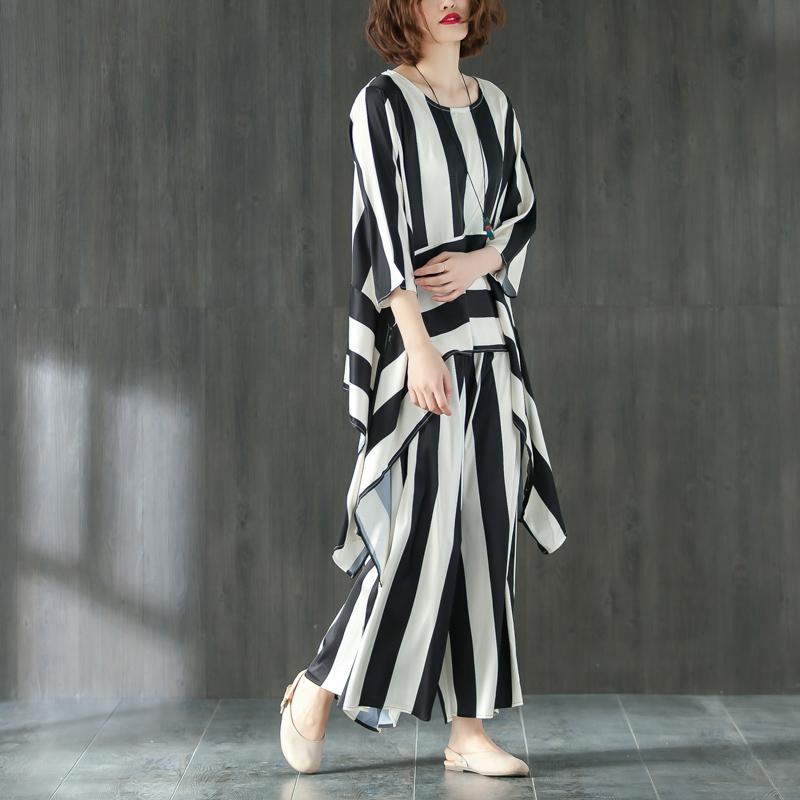 Loose Summer Suit Three Quarter Sleeve Shirt Stripe Pants