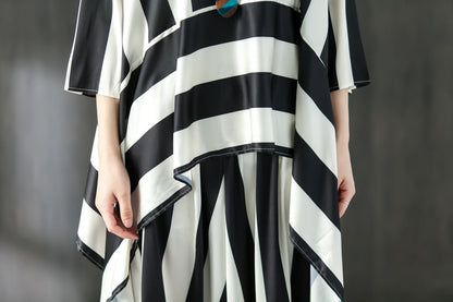 Loose Summer Suit Three Quarter Sleeve Shirt Stripe Pants
