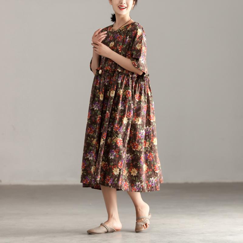 Casual Short Sleeve Floral Pockets Pleated Lacing Dress