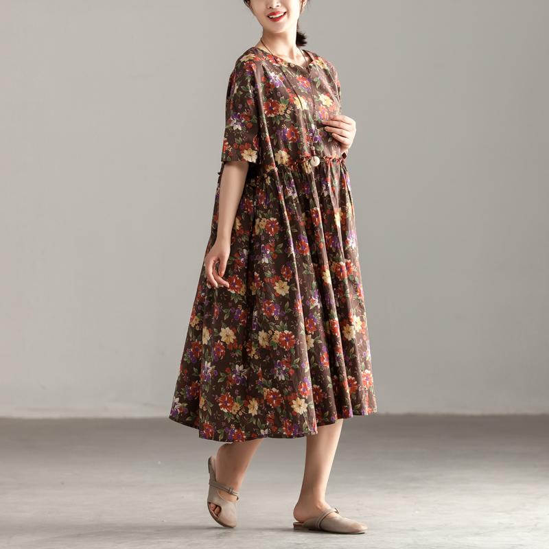 Casual Short Sleeve Floral Pockets Pleated Lacing Dress