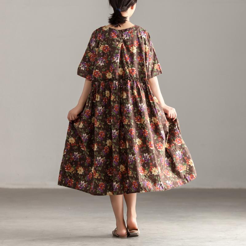 Casual Short Sleeve Floral Pockets Pleated Lacing Dress