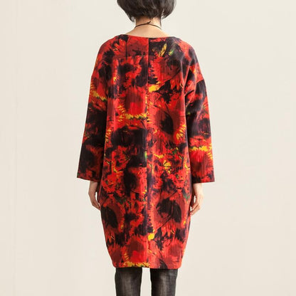Women Loose Round Neck Long Sleeve Red Printing Dress