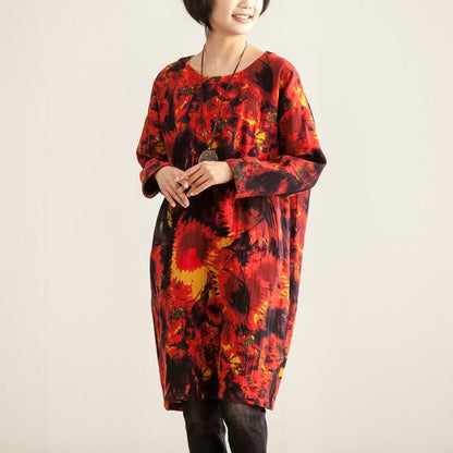 Women Loose Round Neck Long Sleeve Red Printing Dress