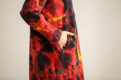 Women Loose Round Neck Long Sleeve Red Printing Dress