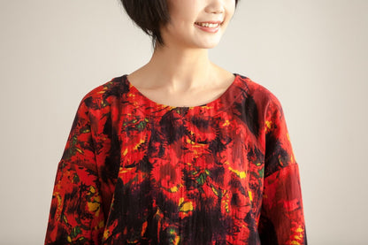 Women Loose Round Neck Long Sleeve Red Printing Dress