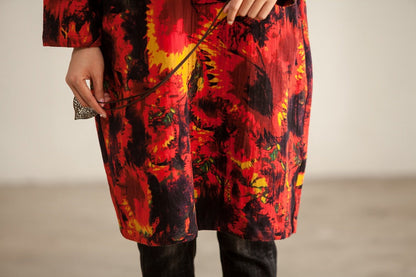 Women Loose Round Neck Long Sleeve Red Printing Dress