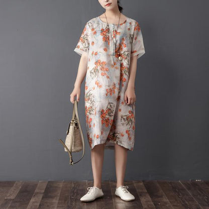 Women Retro Round Neck Short Sleeve Printed Dress