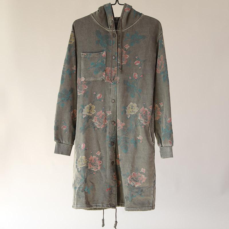 Hoodies Single Breasted Floral Printed Women Gray Coat