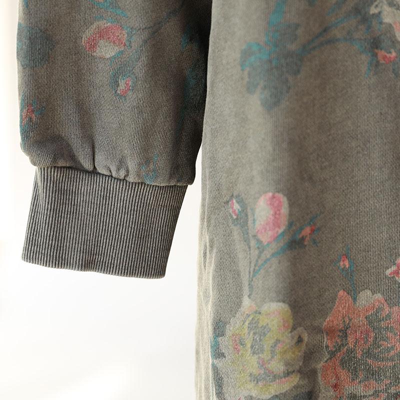 Hoodies Single Breasted Floral Printed Women Gray Coat