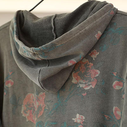 Hoodies Single Breasted Floral Printed Women Gray Coat