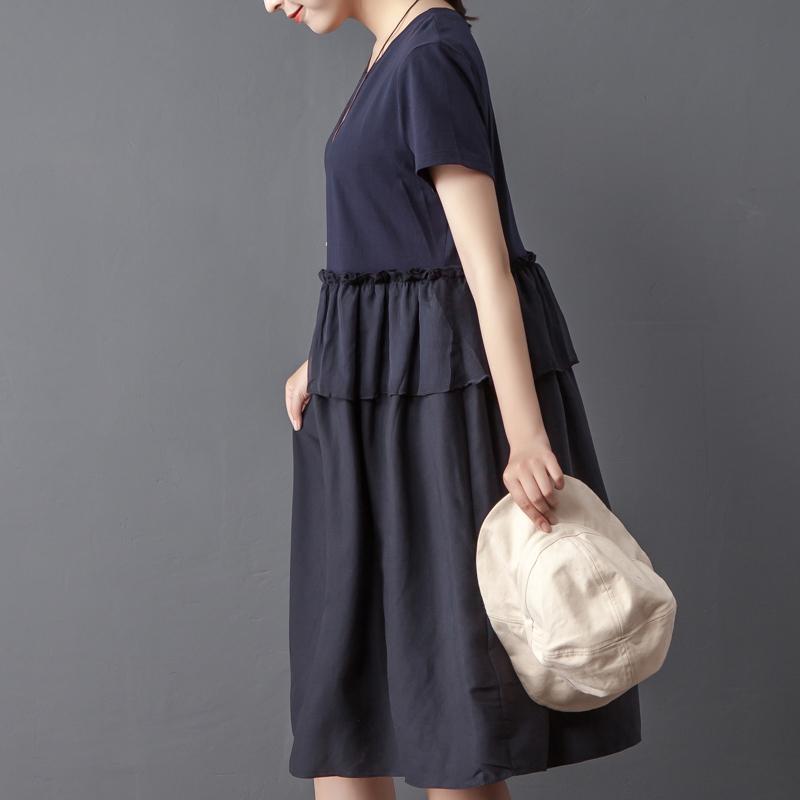 Splicing Round Neck Short Sleeve Navy Blue Dress