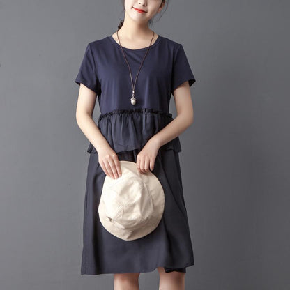 Splicing Round Neck Short Sleeve Navy Blue Dress