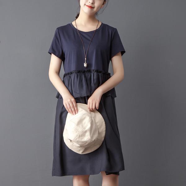 Splicing Round Neck Short Sleeve Orange Dress
