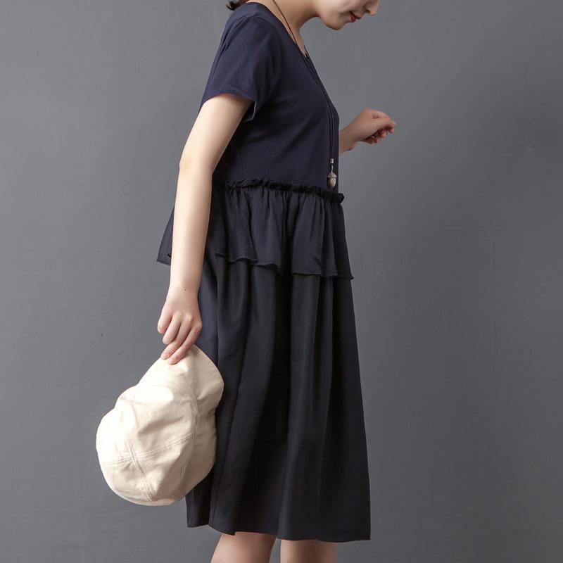 Splicing Round Neck Short Sleeve Navy Blue Dress