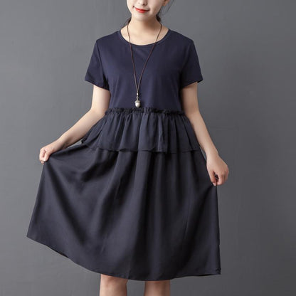 Splicing Round Neck Short Sleeve Navy Blue Dress