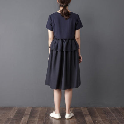 Splicing Round Neck Short Sleeve Navy Blue Dress