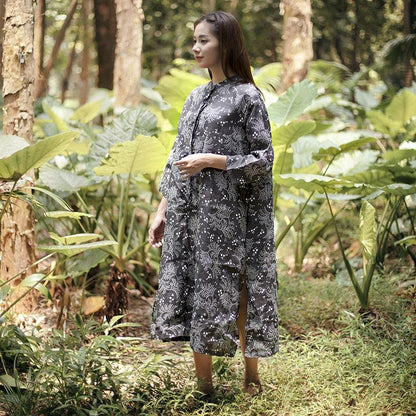 Stand Collar Retro Three Quarter Sleeve Printing Side Slit Dress
