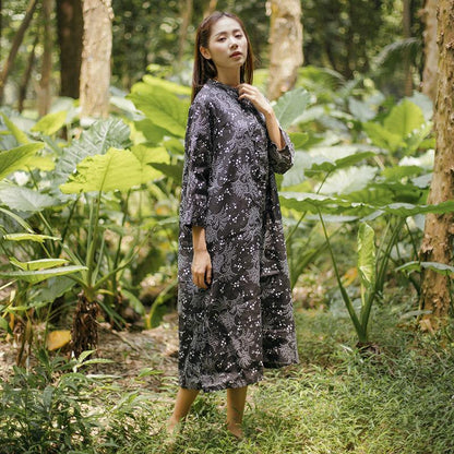Stand Collar Retro Three Quarter Sleeve Printing Side Slit Dress