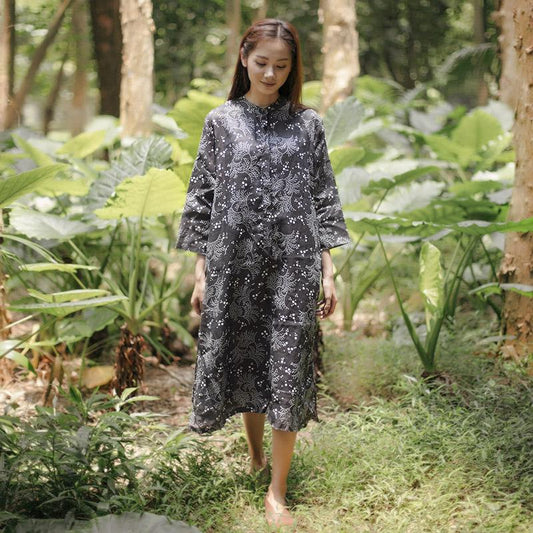 Stand Collar Retro Three Quarter Sleeve Printing Side Slit Dress