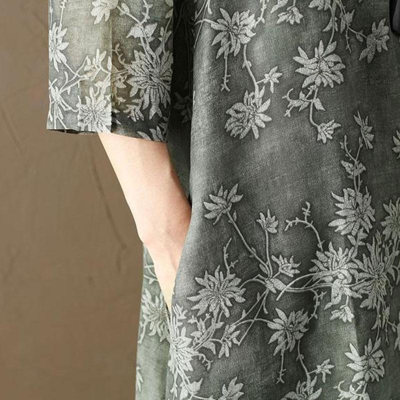 Retro Printed Lining Three Quarter Sleeve Green Dress