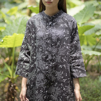 Stand Collar Retro Three Quarter Sleeve Printing Side Slit Dress