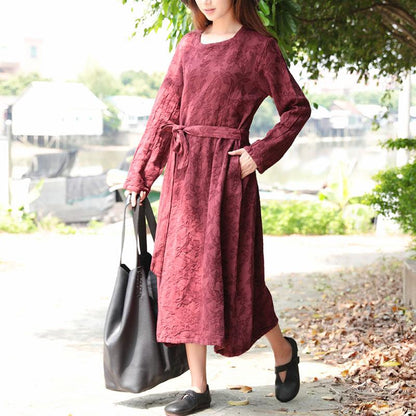 Women Wine Red Retro Long Sleeve Pockets Lacing Embroidery Dress