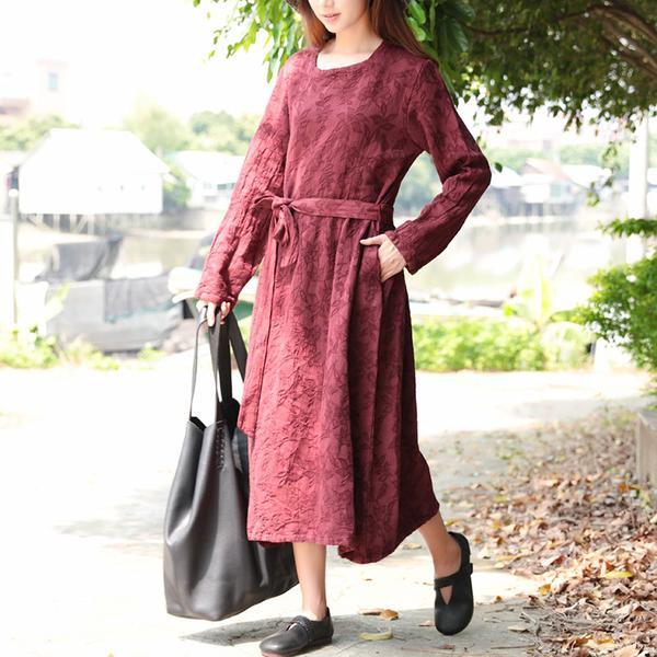 Women Blue Retro Long Sleeve Lacing Embroidery Dress