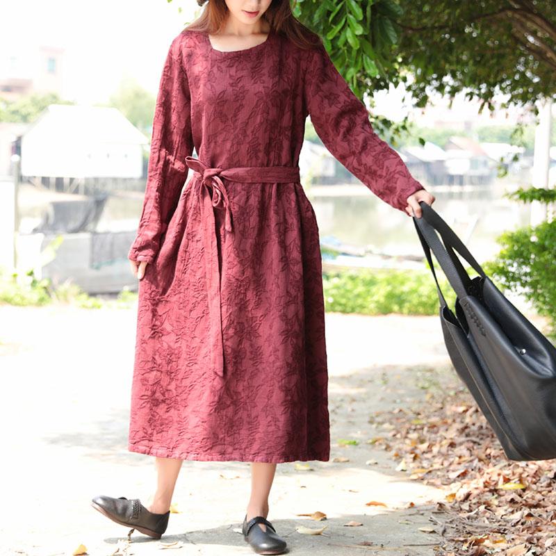 Women Wine Red Retro Long Sleeve Pockets Lacing Embroidery Dress