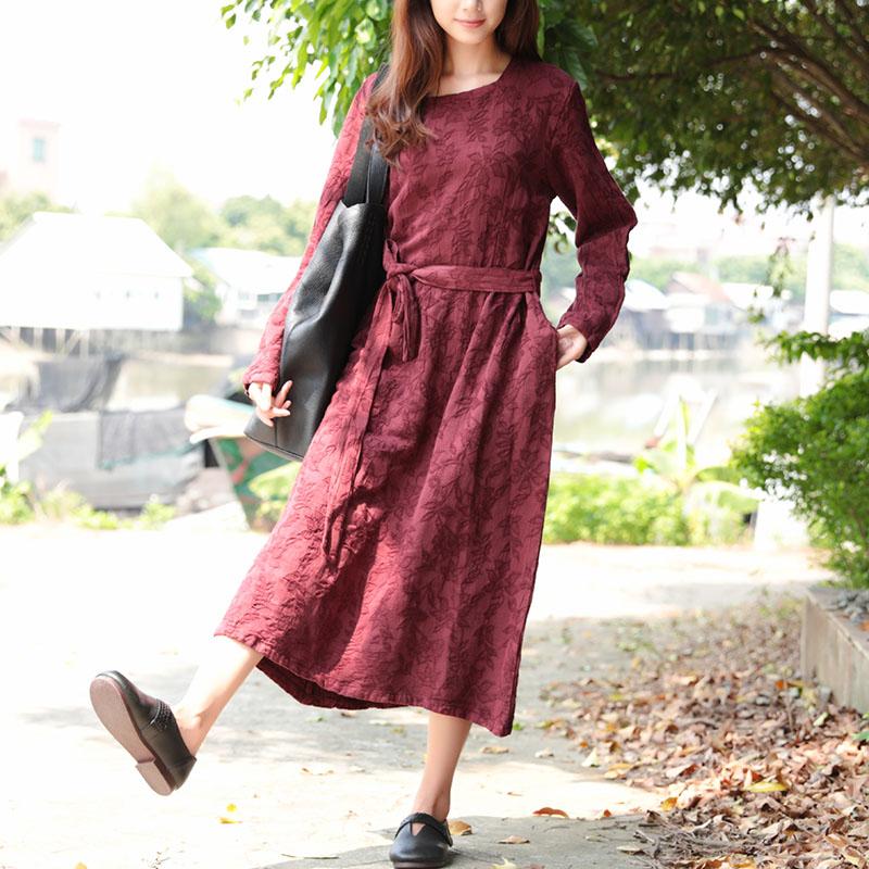 Women Wine Red Retro Long Sleeve Pockets Lacing Embroidery Dress
