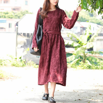 Women Wine Red Retro Long Sleeve Pockets Lacing Embroidery Dress