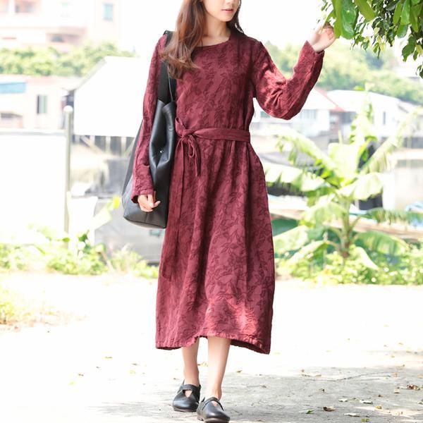 Women Blue Retro Long Sleeve Lacing Embroidery Dress