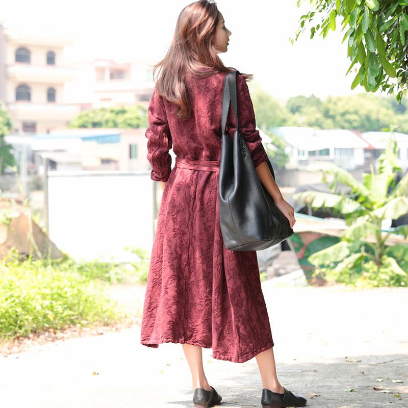 Women Wine Red Retro Long Sleeve Pockets Lacing Embroidery Dress