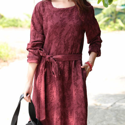 Women Wine Red Retro Long Sleeve Pockets Lacing Embroidery Dress