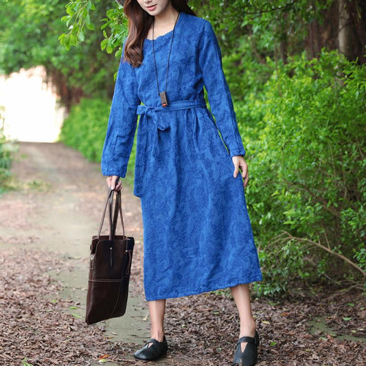 Women Blue Retro Long Sleeve Lacing Embroidery Dress