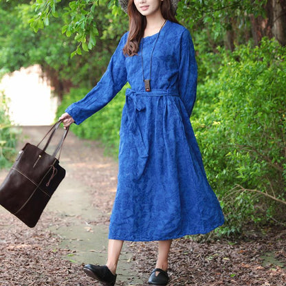 Women Blue Retro Long Sleeve Pockets Lacing Embroidery Dress