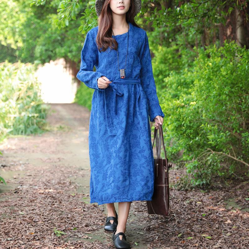 Women Blue Retro Long Sleeve Pockets Lacing Embroidery Dress