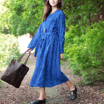 Women Blue Retro Long Sleeve Pockets Lacing Embroidery Dress