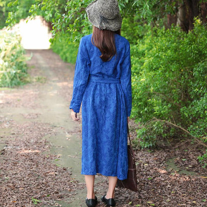 Women Blue Retro Long Sleeve Pockets Lacing Embroidery Dress