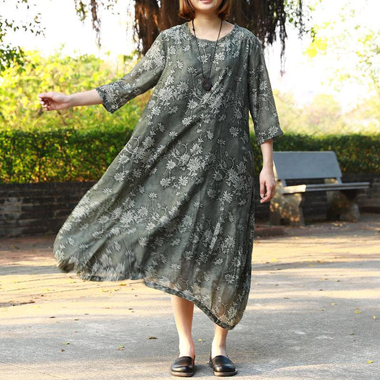 Retro Printed Lining Three Quarter Sleeve Green Dress