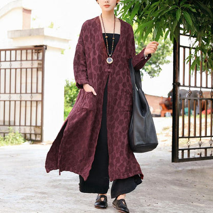 Women Autumn Pockets Side Slit Embroidery Long Sleeve Retro Coat