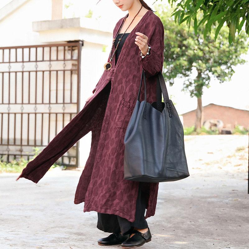 Women Autumn Pockets Side Slit Embroidery Long Sleeve Retro Coat