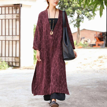 Women Autumn Pockets Side Slit Embroidery Long Sleeve Retro Coat