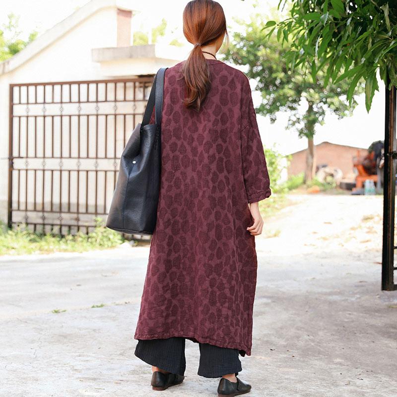 Women Autumn Pockets Side Slit Embroidery Long Sleeve Retro Coat
