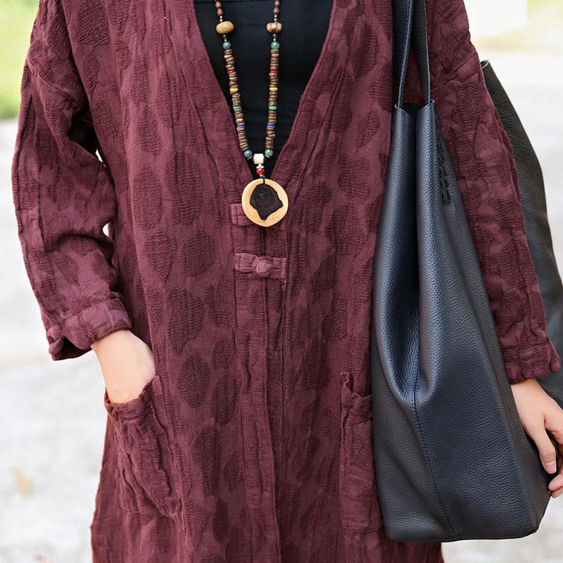 Women Autumn Pockets Side Slit Embroidery Long Sleeve Retro Coat